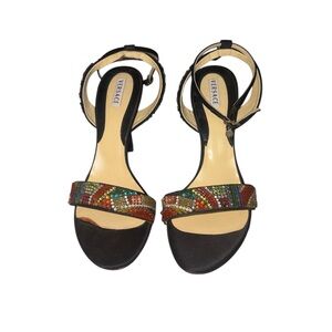 Versace Black Satin Ankle-Strap Sandals with Multicolor Beaded Front